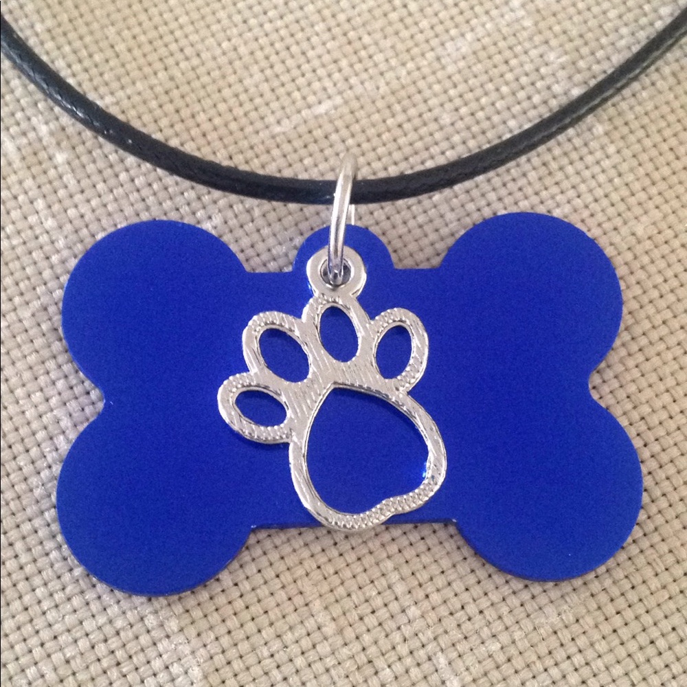 HAND CRAFTED Dog Bone Paw Necklace Blue Silver